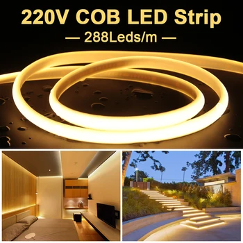 COB LED Strip Light 220V 288LEDs/m Гибкая Лента Водонепроницаемый Наружный Светильник Лента EU Plug Для Украшения Сада Кухни Освещение