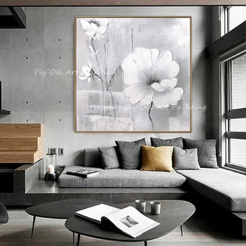 100% ручная роспись белого цветка на сером холсте, пейзаж, современная скандинавская простая картина маслом для декора офиса и гостиной