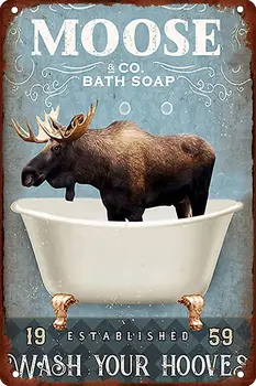 Мыло для ванной Moose Co. Вымойте копыта Металлические жестяные таблички Moose Decor Signs Настенный металлический плакат для офиса, кафе, ванной комнаты