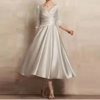 Платье чайной длины для матери невесты С короткими рукавами, Атласное Вечернее Женское платье, Элегантное Свадебное Vestido De Noche