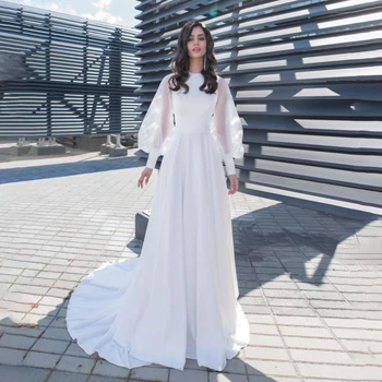 Свадебное платье с высоким воротом и пышными длинными рукавами из шифона трапециевидной формы, белые элегантные свадебные платья для женщин 2023