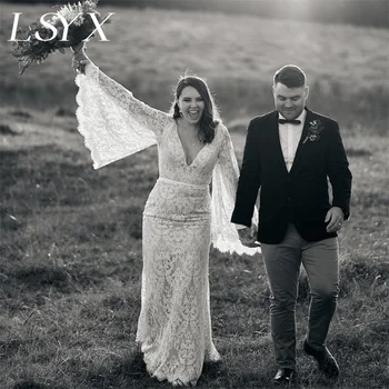 LSYX Глубокий V-образный вырез, длинные расклешенные рукава, кружевное свадебное платье Русалки, открытая спина, длина до пола, шлейф, свадебное платье на заказ