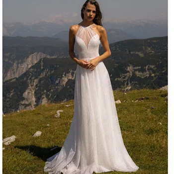 Простое Белое Свадебное Платье Для Женщин Illusion Halter Без Рукавов Vestidos Do Novia С блестками И Открытой Спиной Robe De Mariee Со Шлейфом