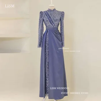 LISM Винтажные Синие блестящие Атласные вечерние платья с высоким воротом и длинными рукавами, Трапециевидное вечернее платье для выпускного вечера в складку Реальное изображение