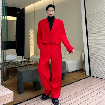 SYUHGFA Elgance Мужские Блейзеры Мода 2024 Новая Индивидуальность Одежда Корейский Роскошный Красный Костюм С V-образным вырезом Пальто Тренд Мужской Деловой