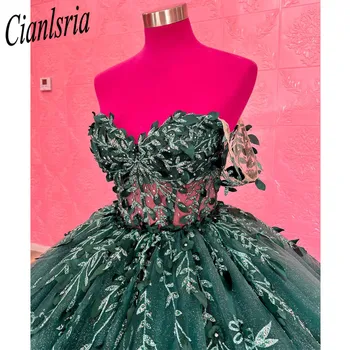 Изумрудно-зеленые пышные платья, Бальное платье с открытыми плечами, Тюлевые аппликации, Пышная Мексиканская сладость, 16 платьев, 15 Anos