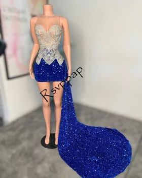 Короткие платья для выпускного вечера Diamond Royal Blue 2023, платья для дня рождения, роскошные бусы, кристаллы, прозрачный топ, блестящие платья для коктейльных вечеринок с пайетками