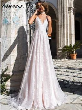 Элегантное свадебное платье на тонких бретельках, сексуальное платье с глубоким V-образным вырезом для невесты, простое свадебное платье А-силуэта длиной до пола, Robe De Mariée