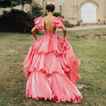Пышное свадебное платье принцессы из мерцающей органзы, сшитое на заказ с большим бантом и многоуровневыми оборками, свадебное платье для фотосъемки без спинки