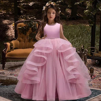 Новое жемчужное платье принцессы без рукавов для девочки в цветочек, 5-14 лет, сетчатое длинное пышное платье, роскошное свадебное платье для ведущей банкета