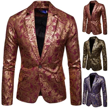2023 Мужской повседневный костюм, пальто для вечеринок, модный деловой повседневный комплект с золотым цветочным принтом, блейзеры для мужчин
