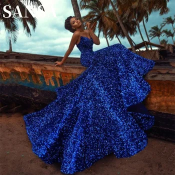 Элегантное платье Sansa без бретелек с блестками Gliiter Сапфирово-синее платье русалки для выпускного вечера, сексуальное блестящее платье-труба с хвостом, Vestidos De Noche