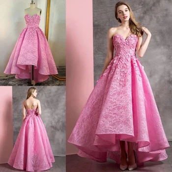 Розовые платья с высоким низким цветочным кружевом для девочек, выпускные платья, платье для выпускного вечера, вечернее платье со шнуровкой сзади, Милое вечернее платье