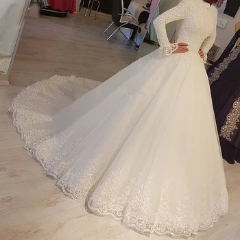 2022 Белые Арабские мусульманские свадебные платья принцессы с высоким воротом и длинными рукавами, кружевные аппликации, свадебные платья Robe De Mariage