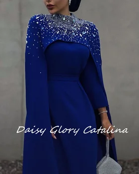Вечерние платья с синими кристаллами, элегантная женская одежда, платье для выпускного вечера, обертывания из бисера ручной работы, длинные рукава, платья для свадебной вечеринки в Саудовской Аравии