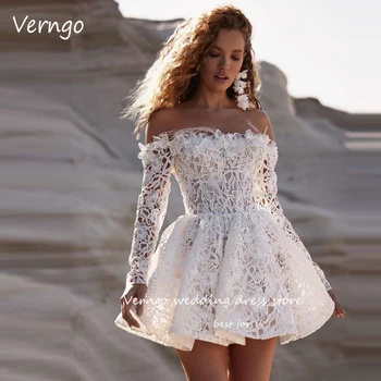 Verngo 2023 Кружевные Короткие свадебные платья с открытыми плечами, Длинные рукава, жемчуг, Элегантные платья для невесты, Вечернее платье Robe de mariage