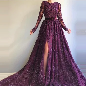 Вышитая бисером Аппликация 3D Цветы Фиолетовое Свадебное Платье для Выпускного Вечера с Бархатным Поясом, Разрезное Вечернее Платье Для Банкета Трапециевидной Формы