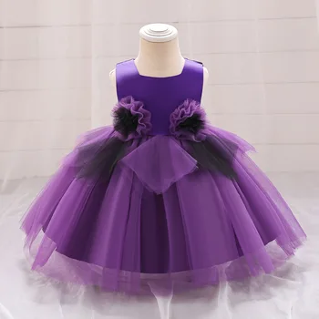 Фиолетовое детское праздничное платье на 1-й день рождения для девочек от 6 до 24 м, бальное платье на Свадьбу, Рождество, Новый год, платья с цветами ручной работы