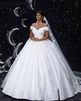 Золушка с V-образным вырезом, открытыми плечами, на шнуровке сзади, кружевная аппликация, расшитое бисером, атласное бальное платье, свадебные платья, свадебные платья