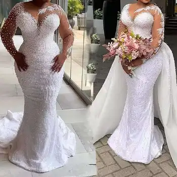 Сексуальные свадебные платья в стиле Африканской русалки, свадебное платье со съемным шлейфом, длинные рукава, Кружевная аппликация, кристаллы, платье из бисера 2024