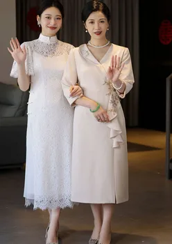Платье для матери невесты цвета шампанского 2023 Элегантное Свадебное платье для гостей с вышивкой бисером и V-образным вырезом длиной до половины рукава длиной до чая