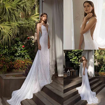 Свадебные платья 2020 на бретельках с V образным вырезом и кружевными аппликациями, пляжные свадебные платья, сексуальное свадебное платье трапециевидной формы с открытой спиной и шлейфом