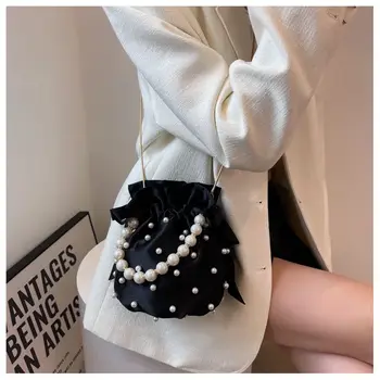 Брендовая женская сумка через плечо, качественная роскошная дизайнерская женская переносная сумка с имитацией шелка из черного жемчуга, модная сумка через плечо