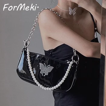 Новая женская сумка Y2K, женская крутая сумка через плечо из лакированной кожи с жемчугом и бабочкой