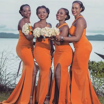 Длинные платья подружек невесты в русалочьем стиле, женские свадебные оранжевые атласные платья с разрезом на одно плечо в африканском стиле для официальных мероприятий