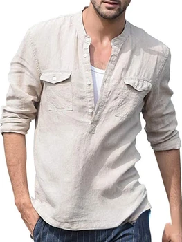 2023 мужская хлопковая и льняная повседневная рубашка с длинными рукавами, свободная рубашка с карманом