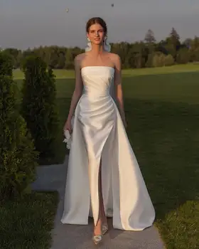 Простое белое атласное плиссированное свадебное платье из 2 частей со съемным шлейфом с открытыми плечами, без рукавов, трапециевидное платье для выпускного вечера невесты