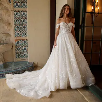 Винтажное свадебное платье с открытыми плечами, Кружевные цветы, Потрясающее платье невесты с блестками, Сказочное Бохо Vestido De Novia