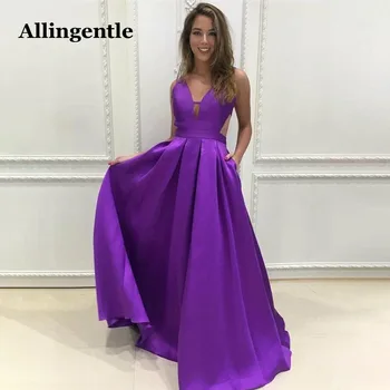 Элегантное фиолетовое платье А-силуэта без рукавов для выпускного вечера с карманом Элегантные атласные вечерние платья без спинки на заказ 2023