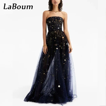 LaBoum элегантное платье без бретелек с блестками Кристалл 2023 трапеция тюль формальное вечернее партии платья Vestidos де galaفساتين السهرة