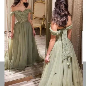 Зеленые платья принцессы для выпускного вечера, Vestidos De Fiesta, Элегантное вечернее платье с открытыми плечами, вечерние платья с пайетками ручной работы