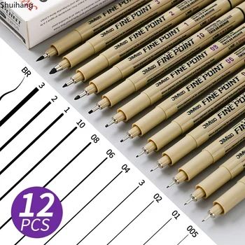 12 шт. маркировочных ручек Пластиковые ручки для рисования Идеально подходят для письма и отрисовки черных тонких линий с различными наконечниками