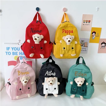 Персонализированный именной рюкзак для малышей, сумка для дошкольного учреждения с милым медведем, детский рюкзак на заказ для мальчиков и девочек, вышитый именной рюкзак для детей
