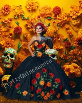 Пышное Платье в стиле Вестерн Charro с Длинным Шлейфом, Атласное, С Цветами Красных Роз, в Мексиканской Тематике, Vestidos de Quinceanera для Вечеринки в Айве