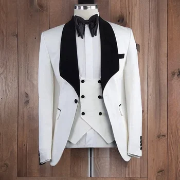 Белый мужской костюм на заказ из 3 предметов, приталенный для выпускного вечера, свадебный смокинг жениха (пиджак + жилет + брюки) Новейший дизайн