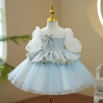 Блестящий жемчуг Платье с цветочным узором для девочки С длинным рукавом Маленькая принцесса Свадебное платье для вечеринки Платье для Первого причастия