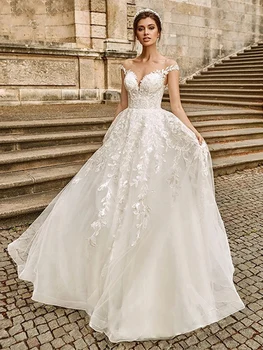 Элегантные аппликации Платье невесты с открытыми плечами и пуговицами сзади Свадебные платья 2023 со шлейфом из тюля Vestido De Novia