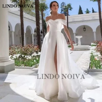 LINDO, свадебные платья трапециевидной формы с открытыми плечами и высоким разрезом, длина до пола, атласное свадебное платье с открытой спиной, Vestidos De Novia