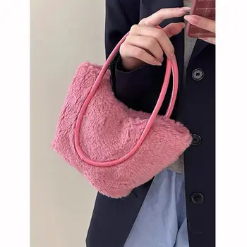 Корейская новинка 2023 года, однотонная Универсальная Женская сумка-тоут из овечьей шерсти, Модная Милая Плюшевая сумка через плечо, красивая повседневная сумка через плечо