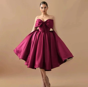 Элегантное Темно-красное Короткое вечернее платье 2024 с бантом на шее Чайной длины из атласа Вечерние платья для выпускного вечера Vestido De Gala Robe De Soiree