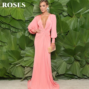Сексуальное платье русалки с розами, мягкие платья знаменитостей в пятнах, женское вечернее платье в складку, розовое вечернее платье с длинными рукавами 프롬 드레스