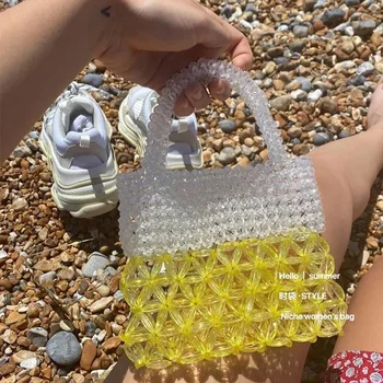 Новые высококачественные акриловые плетеные из бисера летние пляжные сумки для женщин Fashion INS Texture Crystal Splice, ручная женская сумка