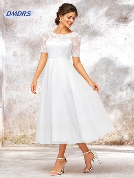 Простое кружевное платье чайной длины для невесты, элегантное свадебное платье с круглым вырезом и коротким рукавом, пляжное Vestidos De Novia