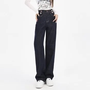 Синие винтажные женские джинсы с прямыми штанинами и высокой талией, удобные свободные женские эстетичные джинсовые брюки, высококачественные брюки для мамы