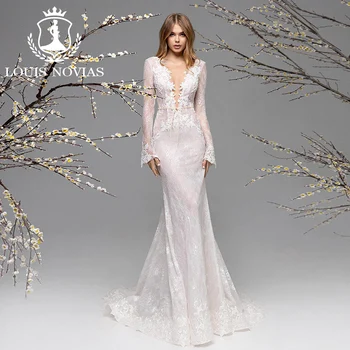 Свадебные платья Русалки LOUIS NOVIAS с длинным рукавом для женщин 2023, глубокий V-образный вырез, аппликации, свадебное платье без спинки, Vestidos De Novia