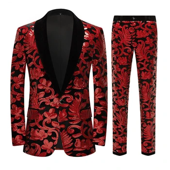 Красный бархатный комплект из двух предметов с цветочным узором и пайетками, мужские винтажные элегантные вечерние комплекты из блейзера и брюк, свадебные сценические костюмы певцов